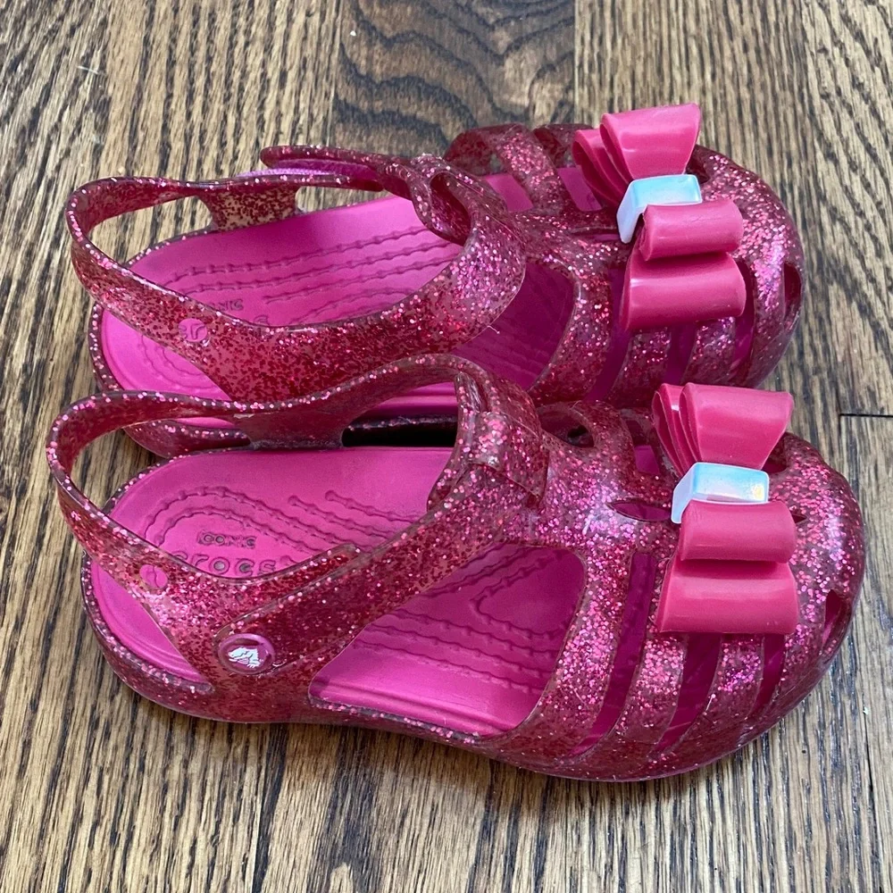 Pink glitter Crocs Isabella bow sandals, size 6. Excellent condition ships quick - Picture 2 of 12